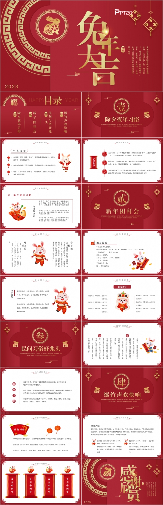 红色中国风兔年大吉新年年终工作总结述职报告PPT模板